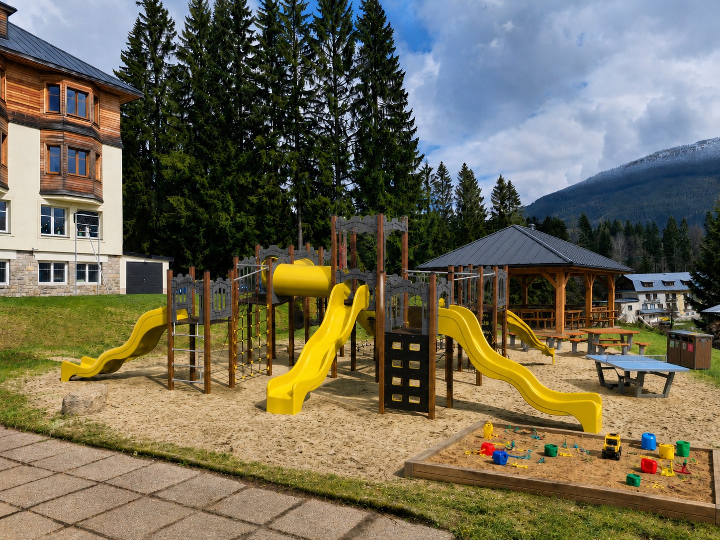 Vizualizace nového dětského hřiště a altánu v areálu ozdravovny